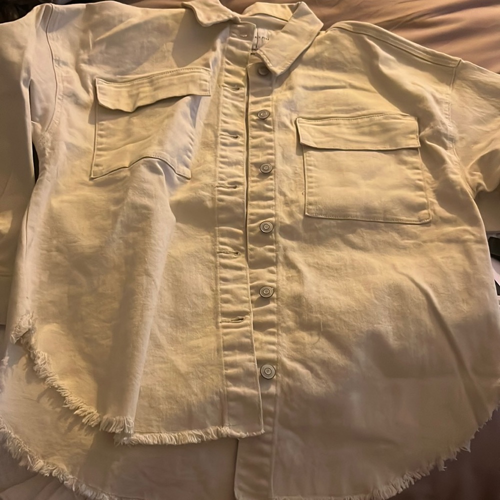 Cream Denim Shacket with Frayed Hem